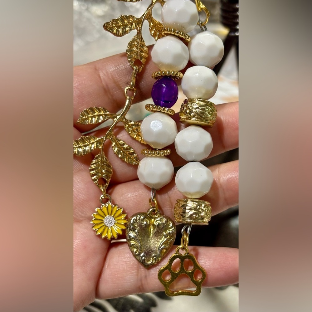 Charming White and Gold Beaded bag backpack charm with Purple Accent